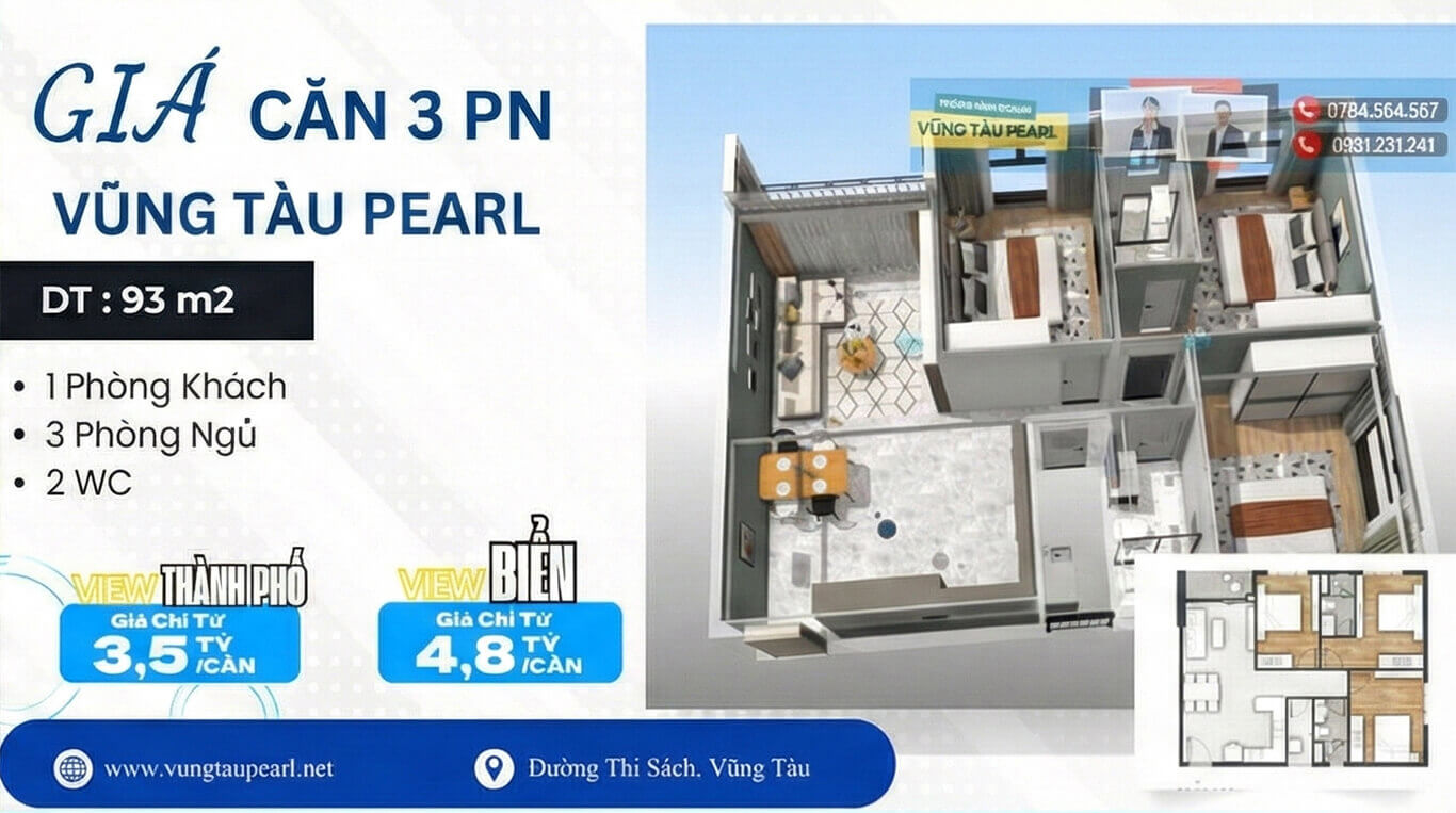 Căn hộ 3 phòng ngủ Vũng Tàu view biển cực đẹp